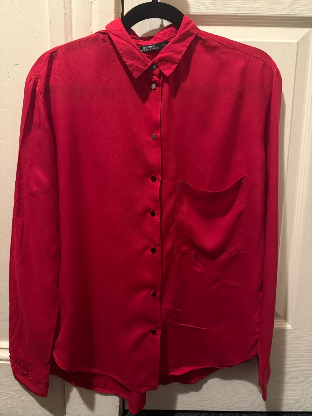 Bershka Women's Bright Red Long-Sleeve Button-Down Shirt